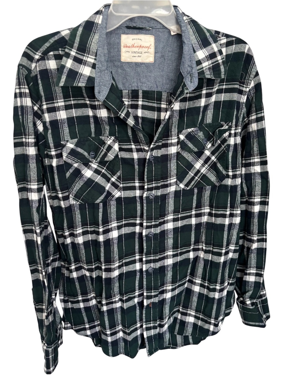 Weatherproof Men's Dark Green and White Plaid Button-Down Shirt